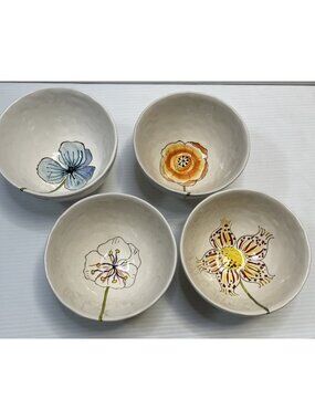 4 Hand Painted Floral Flower Bowls by Biscuit 3.5” X 6” Footed - VGUC